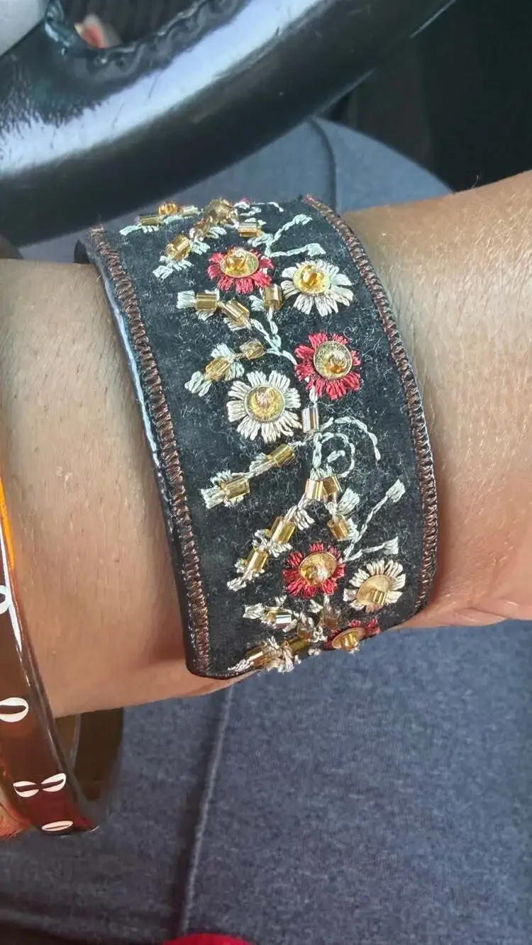 Vintage Avon Boho Floral Embroidered Wide Cuff Watch Beaded Sequined Square Gold